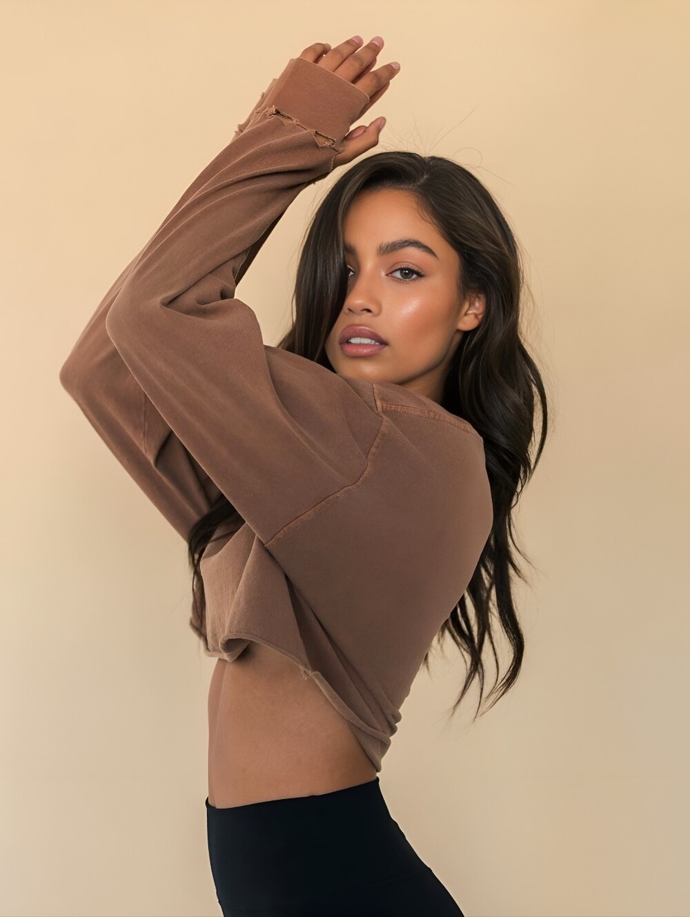 Joah Brown Soho Cropped Long Sleeve Top in Toast One Size NWT